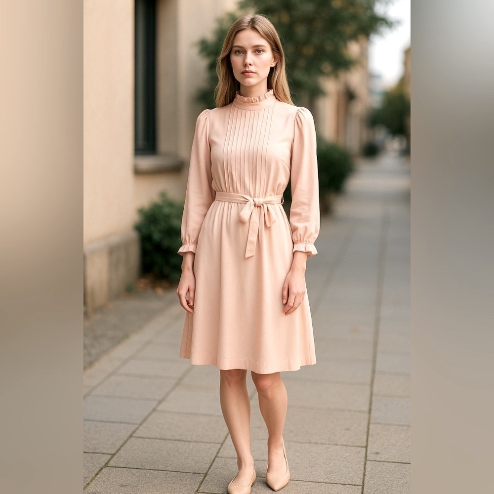 VINTAGE 70s Dress Long Sleeves S/M Belted Ruffle Neck Pleated Feminine Ronantic